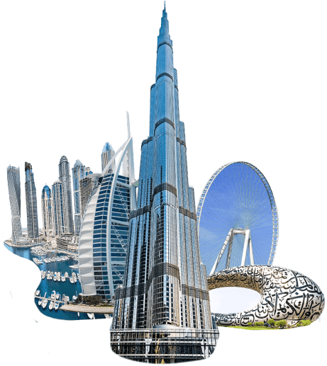 collage of Marina coast, Burj Al Arab, Burj Khalifa, Museum of Future and Dubai's ferris wheel